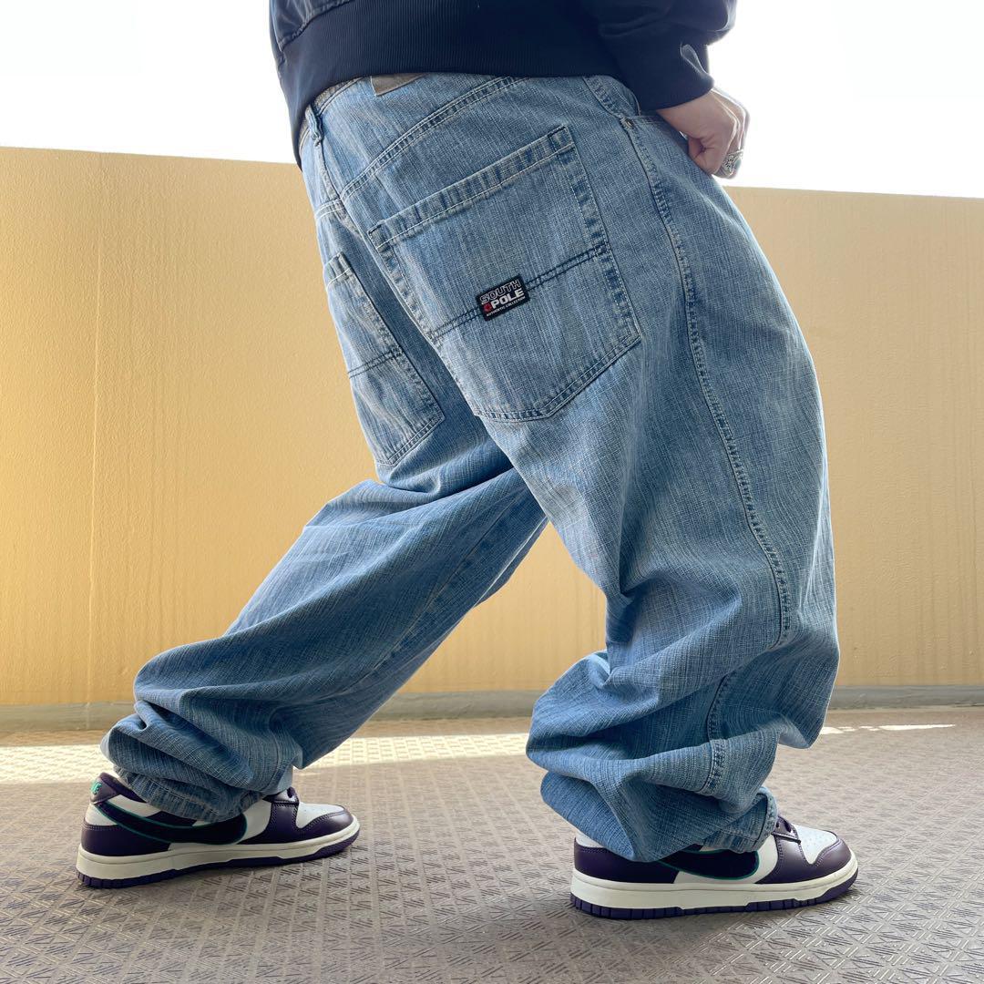 W36 サウスポール ポケットロゴ刺繍 極太ワイドバギーパンツ デニム ブルー青 | fuufu powered by BASE