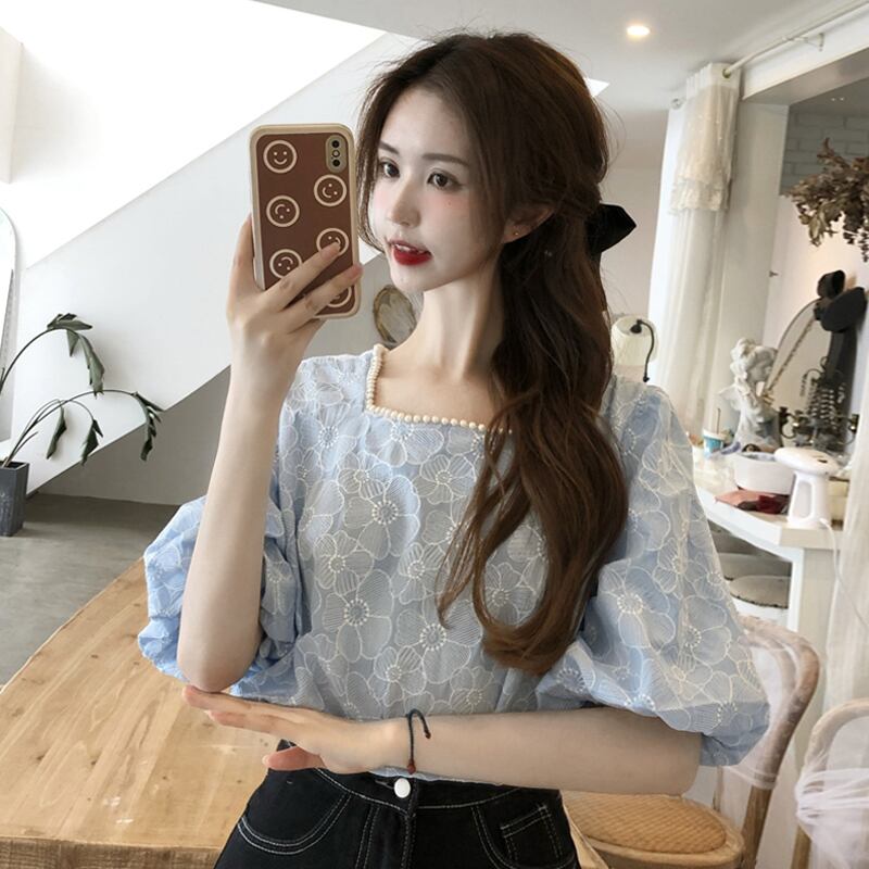 スタイルスリーブトップス サマーブルーカラーシャツ 夏物 スクウェア スーパーモール85536057873