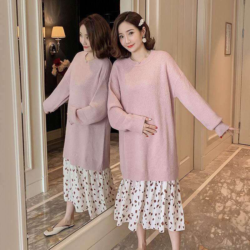 【新作】【送料無料】 マタニティドレス2019秋冬ニットマタニティドレスファッションステッチ偽のツーピースルーズマタニティドレス-アリババ オータム 秋物 ウィンター 冬物 expec249455184682