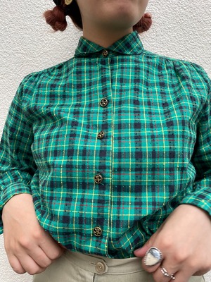 VINTAGE 50's green check round collar blouse