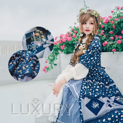 ロリータ ワンピース 春夏 ネイビー 小花柄 プリント ギンガム ロリータ ワンピース 春夏 ネイビー 小花柄 プリント ギンガム