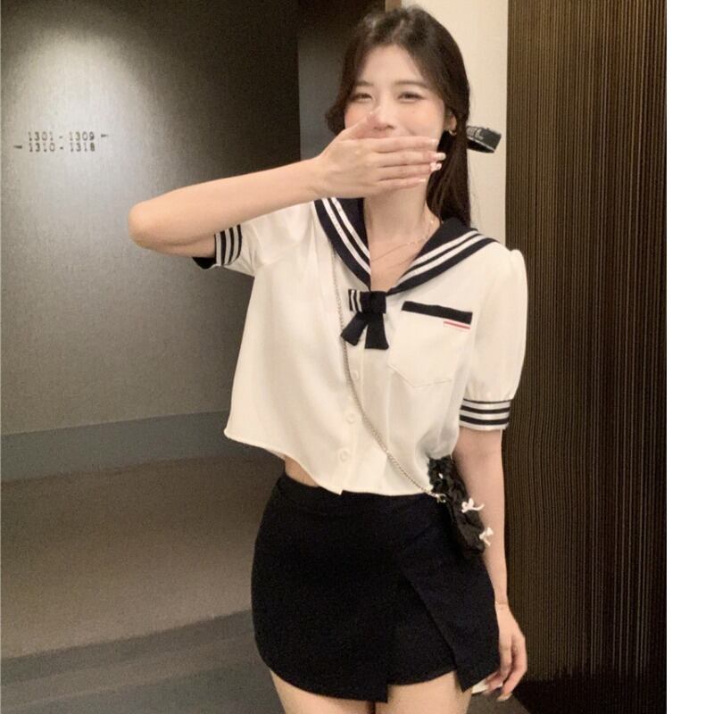 サマースタイルシャツ レディースネイビーカラースリーブハイウェストウェストスカート 夏物 YY-ファッション69890040716