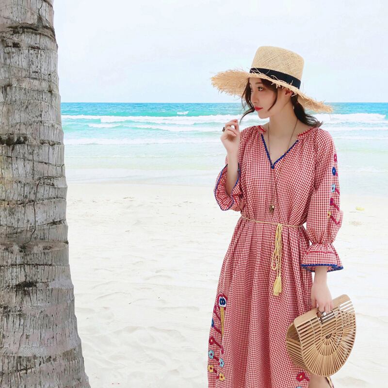 サマースタイルロングスカート 刺繍スタンダード格子柄ドレス レトロ 夏物 延命家ファッション6481145