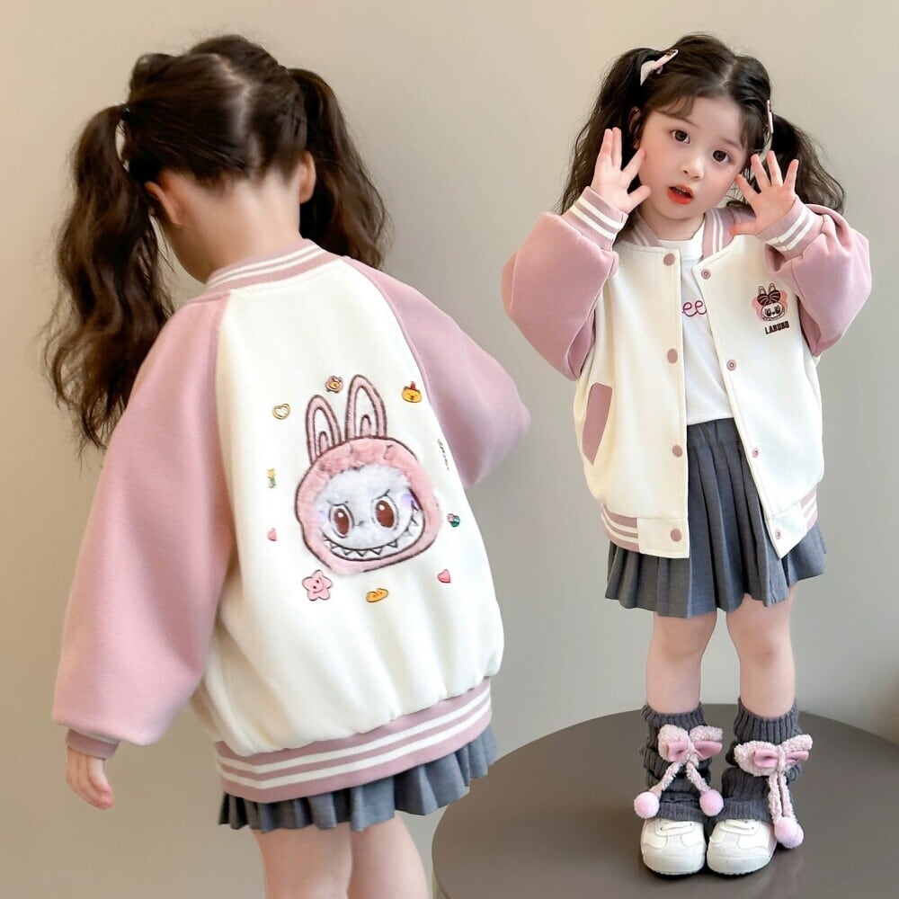 大きなlabubu顔 刺繍デザイン!着心地良い♡ 子供用ジャケット 女の子 ベースボールテイスト 春秋 90〜140cm かわいい 柔らかい 刺繍入り ベースボール 上着