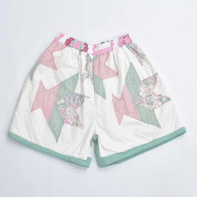 Remake リメイク ハンドメイド パッチワーク キルト デザイン ルーズシルエット ショートパンツ 花柄 ドット 幾何学 再構築 短パン ツギハギ W65～100cm