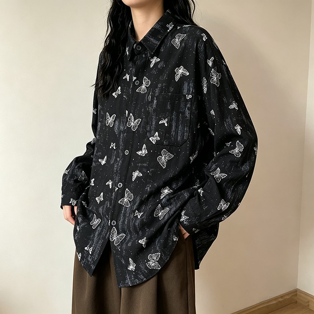 【WSシリーズ】★チャイナ風トップス★ ユニセックス 3color シャツ 蝶々 水墨柄 長袖シャツ 絞り染め