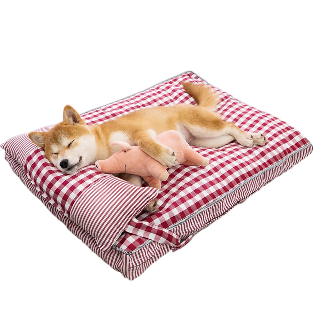 Bidason ベッド ペット クッション 猫 枕 セット チェック柄 スクエア 可愛い 綿麻風 通気 滑り止め 取り外し可能 洗える 小型 中型 キャット 犬 兼用 マット オールシーズン