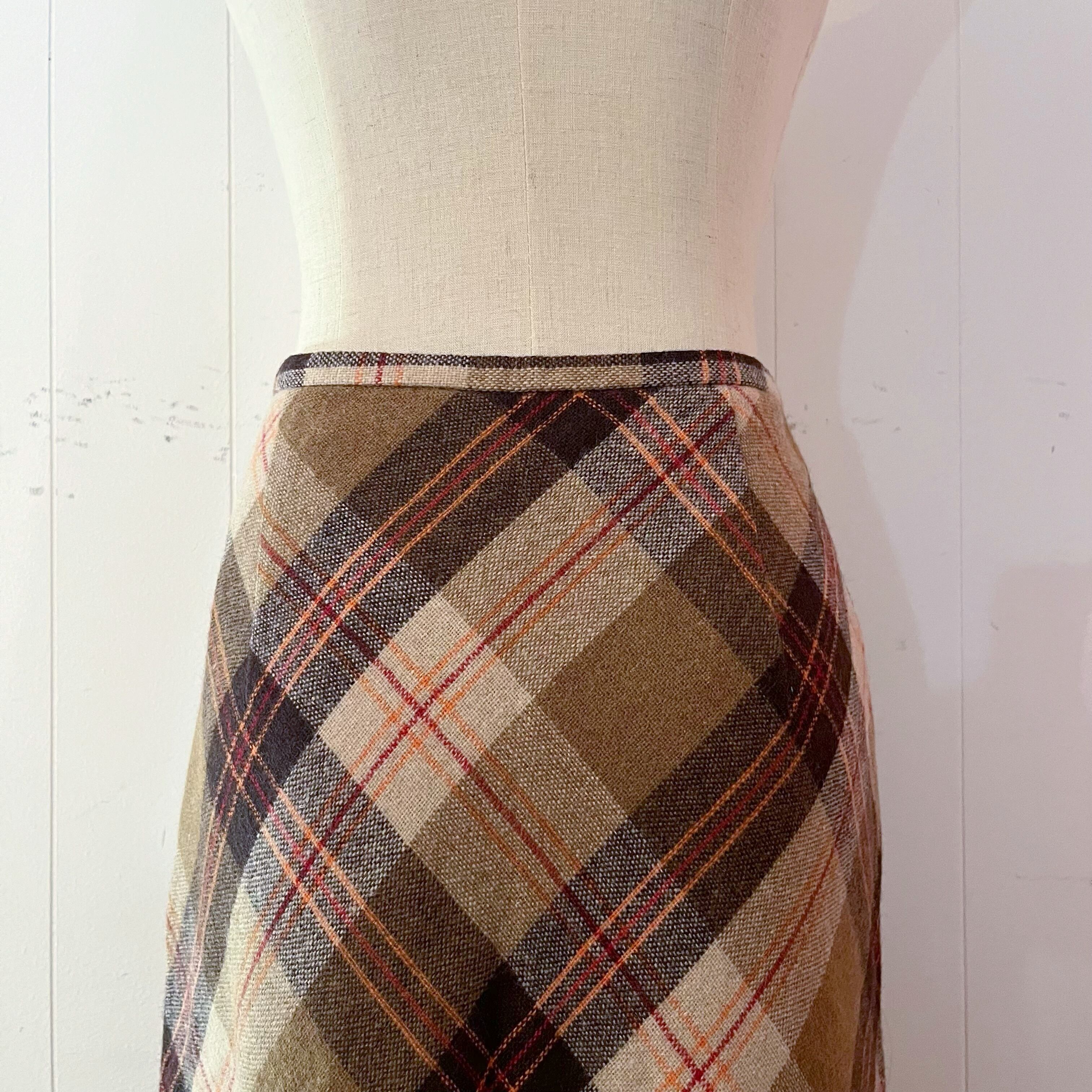 orange check wool long skirt