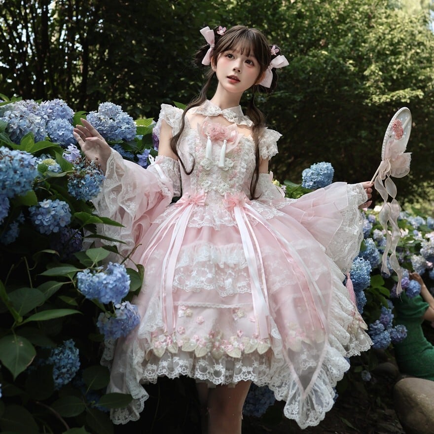 桃花の夢庭園 ピンクレース重ねバックリボン付き甘ロリ3点ジャンスカ