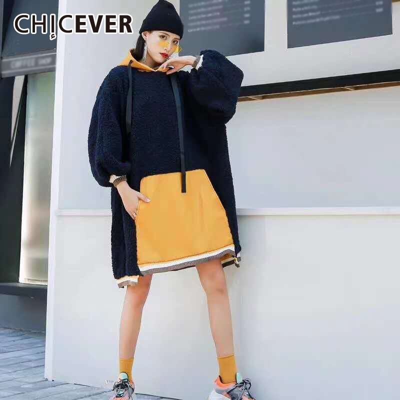 CHICEVERヒットカラードレス女性フード付き襟長袖パッチワークヒットカラーストリート膝丈ドレス2020 ロング 6base593697428353