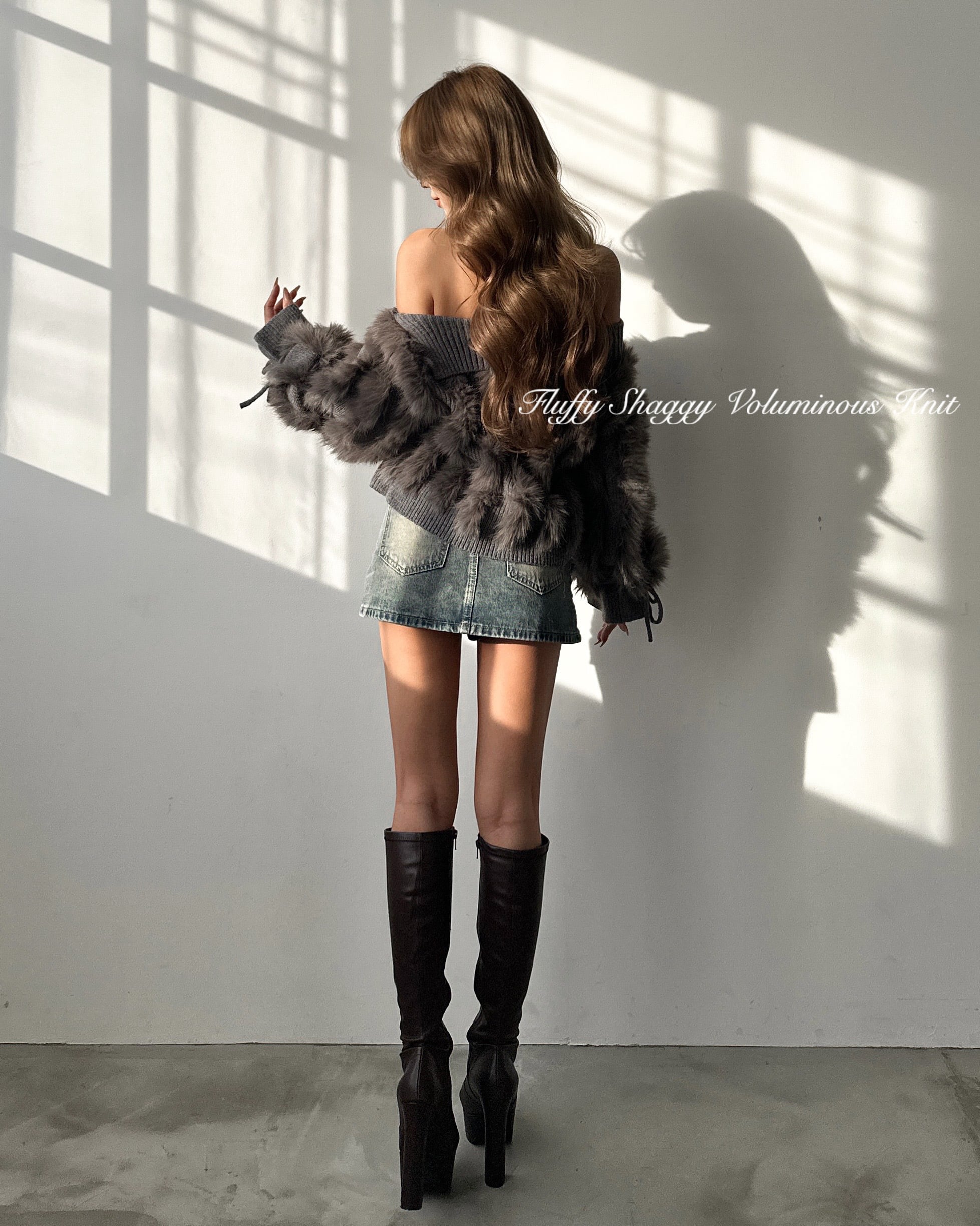 NEW】Fluffy Shaggy Voluminous Knit グレー | GIENGE［ジーアング］