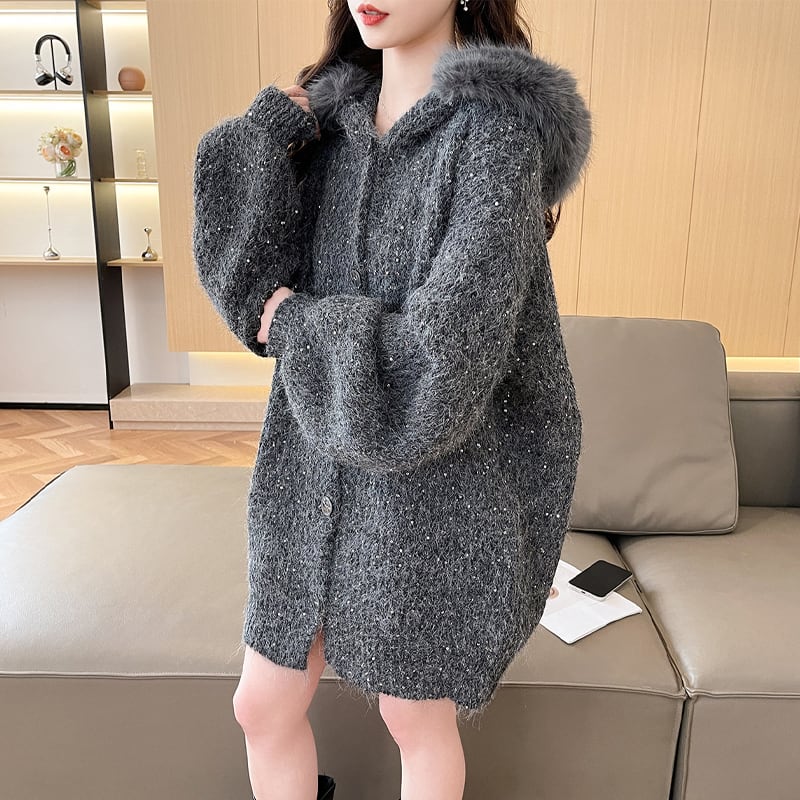 【outer】フードファーニットカーディガン Q7190