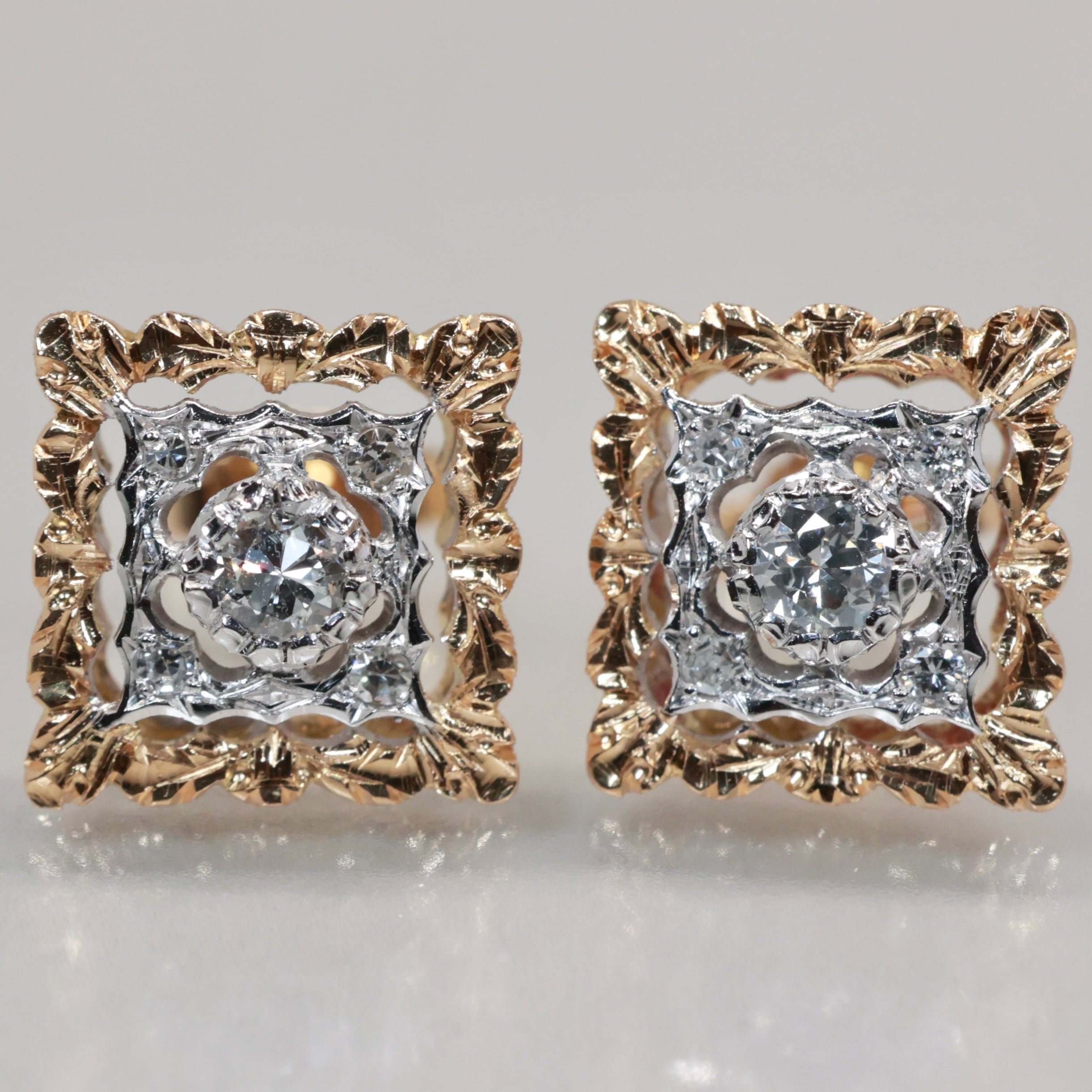 K18 YG WG フィレンツェ彫り ダイヤモンド ピアス コンビ 透かし彫り