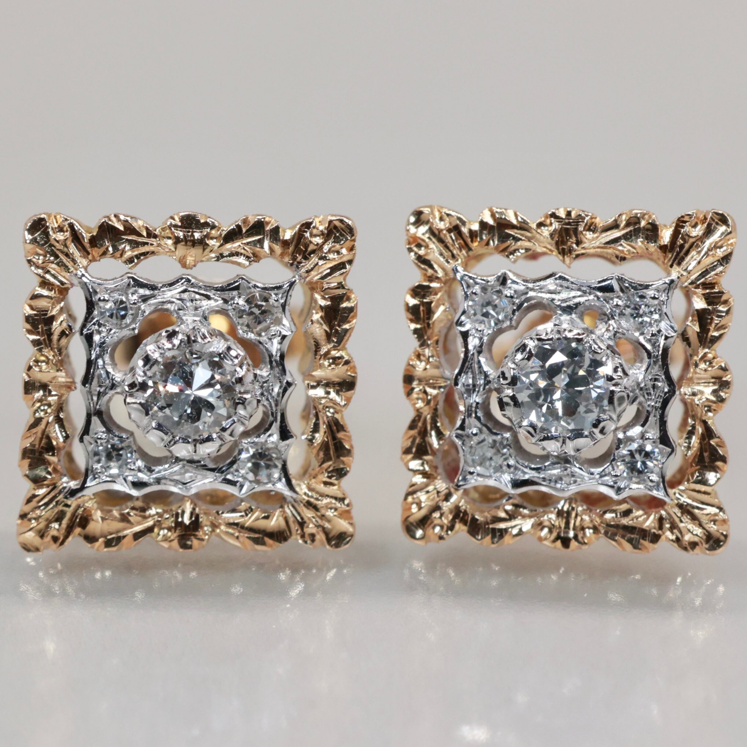 K18 YG WG フィレンツェ彫り ダイヤモンド ピアス コンビ 透かし彫り  