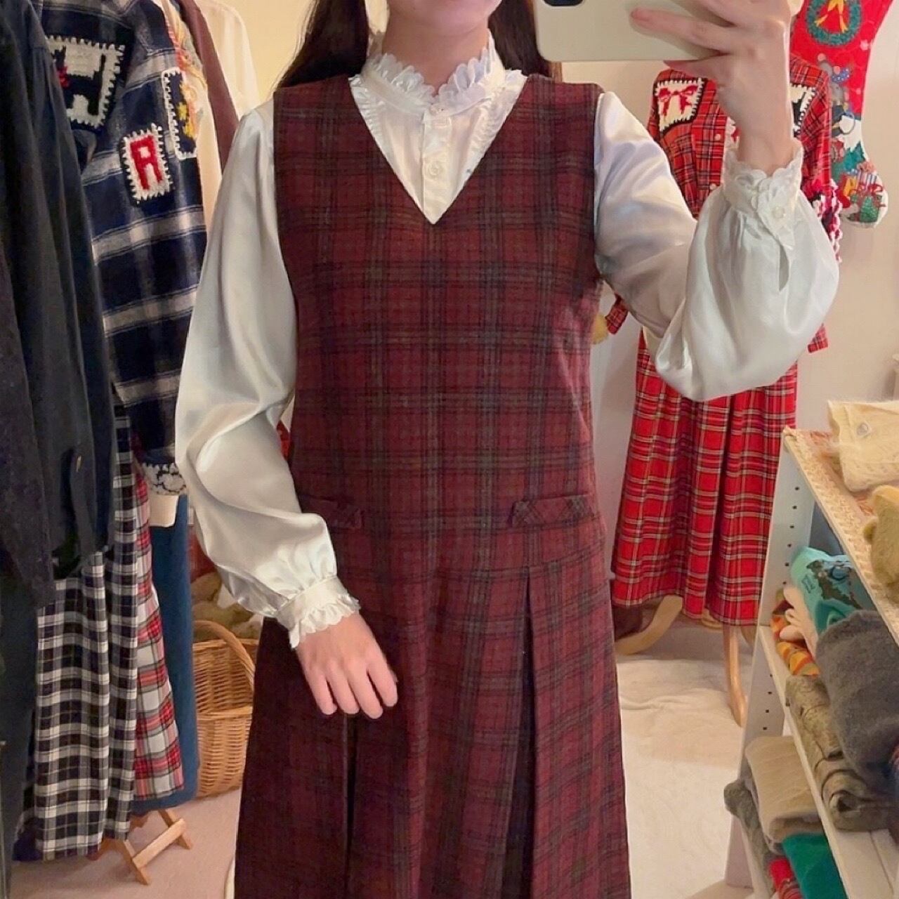 red check back button jumper skirt