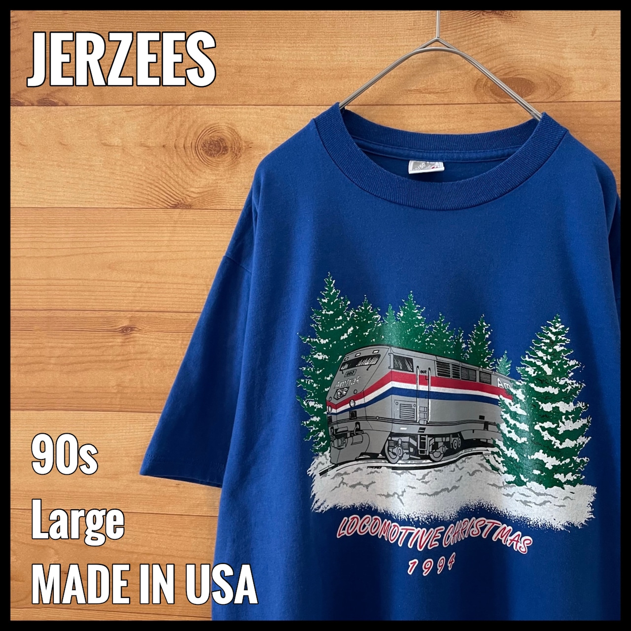 【JERZEES】90s USA製 Tシャツ AMTRAK アムトラック 汽車 イラスト クリスマス Lサイズ US古着