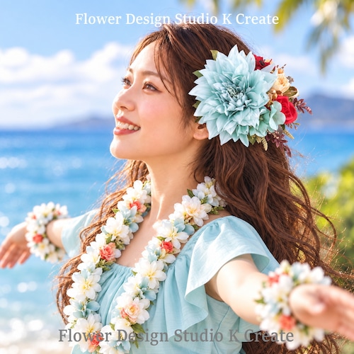 ダンス髪飾り｜アイスブルーのダリアと赤薔薇・ベージュローズのヘアクリップ｜フラメンコ・フラダンス・成人式・袴