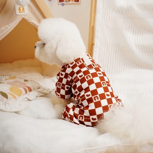 【PET】2色展開チェック柄デザイン可愛いクマ飾りフック付き4脚タイプロンパース