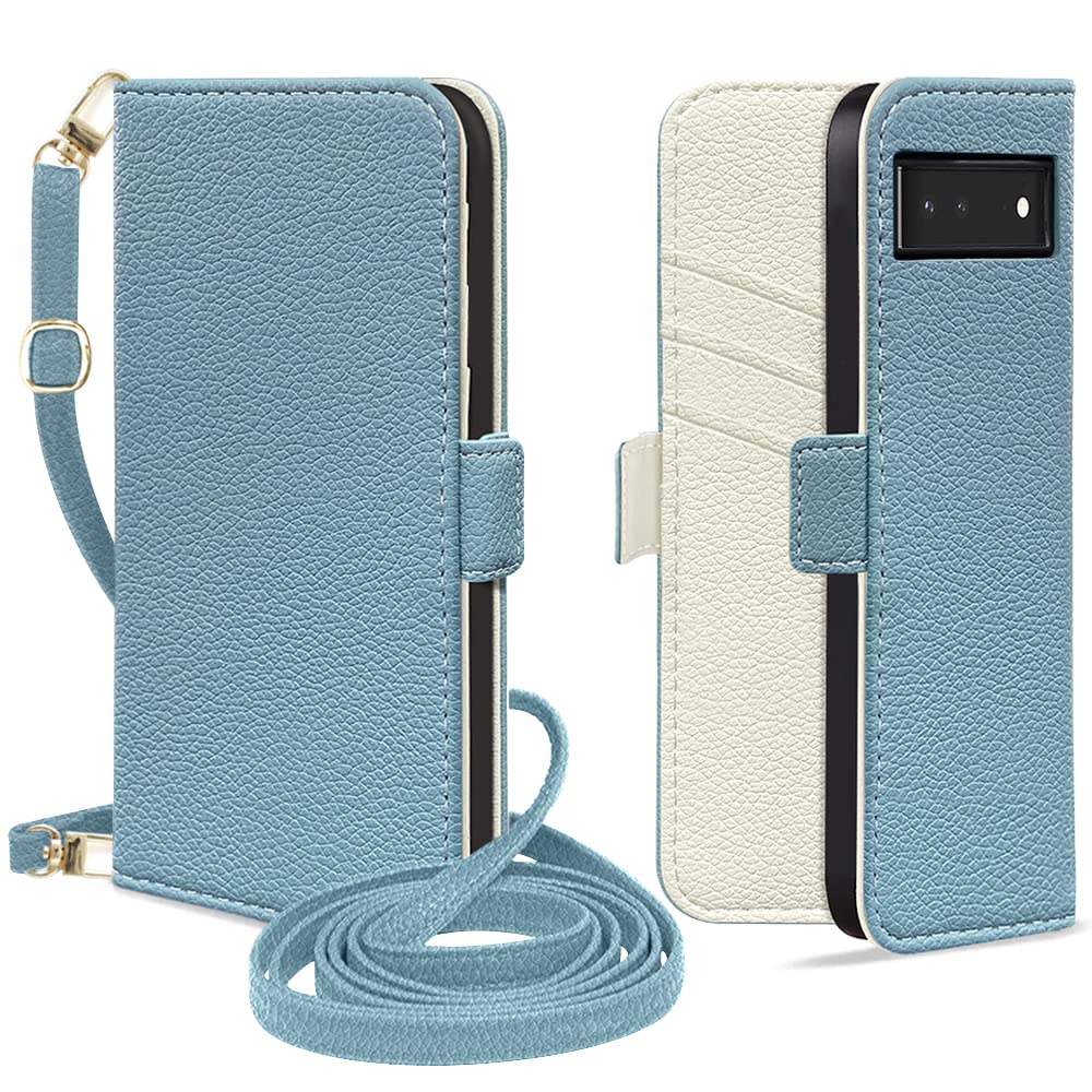 MAGICASE for Google Pixel 6A ケース 手帳型 おしゃれ ショルダー ググーグルピクセル6a ケース 手帳型 女性 肩掛け ピクセル6a カバー 財布型 カード収納 スタンド機能 マグネット式 スマホケースpixel 6a 可愛い 高級PUレザー googleピクセル6a ケース 全面保護 耐衝撃 軽量 防水 人気 バイカラー 6.1inch対応(ブルー メ アイボリー)