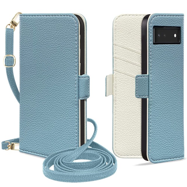 MAGICASE for Google Pixel 6A ケース 手帳型 おしゃれ ショルダー ググーグルピクセル6a ケース 手帳型 女性 肩掛け ピクセル6a カバー 財布型 カード収納 スタンド機能 マグネット式 スマホケースpixel 6a 可愛い 高級PUレザー googleピクセル6a ケース 全面保護 耐衝撃 軽量 防水 人気 バイカラー 6.1inch対応(ブルー メ アイボリー)