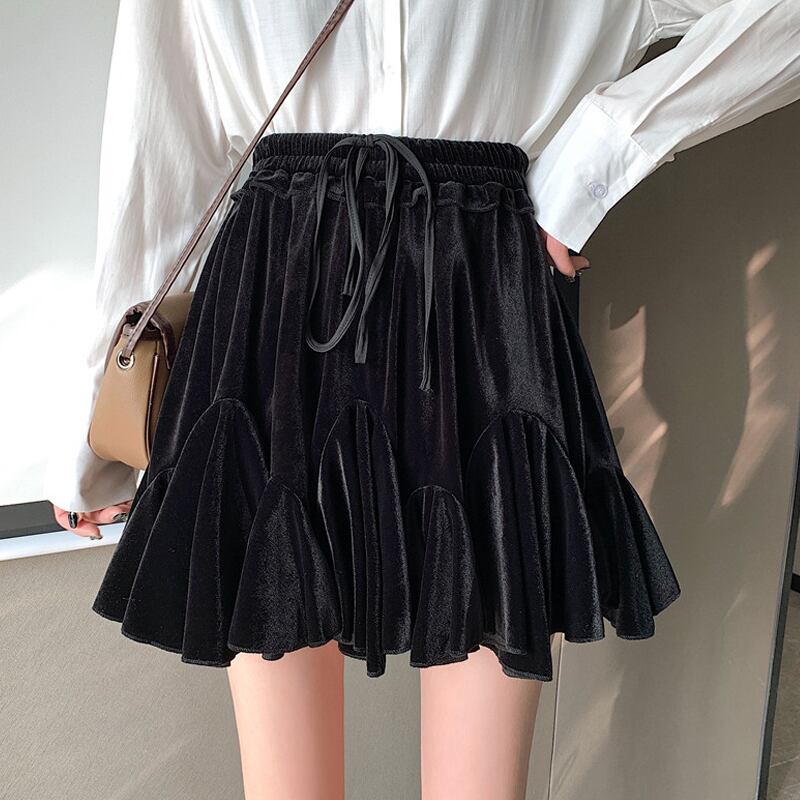 ゴールドベルベットスカート サマーハイウェストプリーツ薄手ショートAライン 夏物 試着室2468176880
