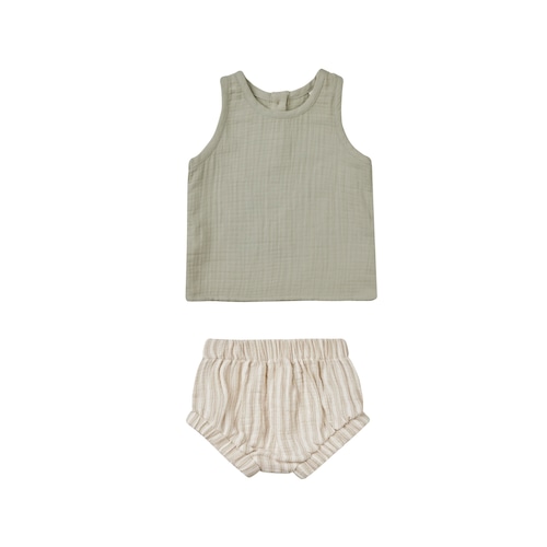 Quincy Mae(クインシーメイ) / 24ss WOVEN TANK ＋ SHORT SET / SAGE STRIPE  / 12-18M・18-24M