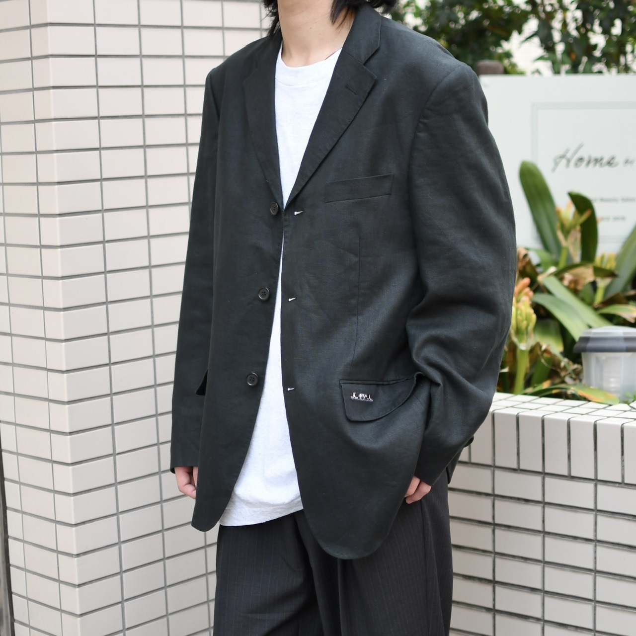 MISE AU GREEN cow embroidery linen tailored jacket