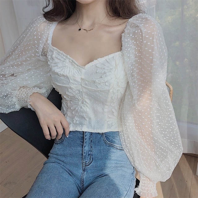 ブラウス トップス 長袖 ハートネック ランタンスリーブ ボリューム袖 シースルー袖 ドット柄 ショート丈 デコルテ見せ セクシー フェミニン ガーリー 甘トップス 春 夏 Rb A06 0130 Redbell