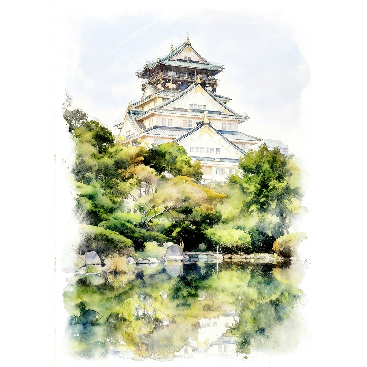 絵画(風景画) 日本の城 大阪府 大阪城 インテリアアート額付き 水彩画