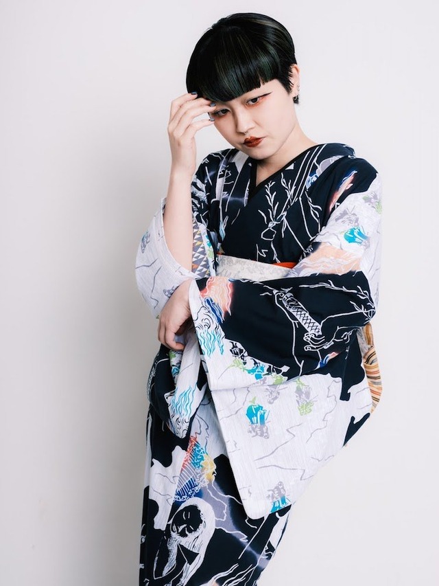 RumiRock 反物 ゆかた「四谷怪談」白地に黒　[A948]