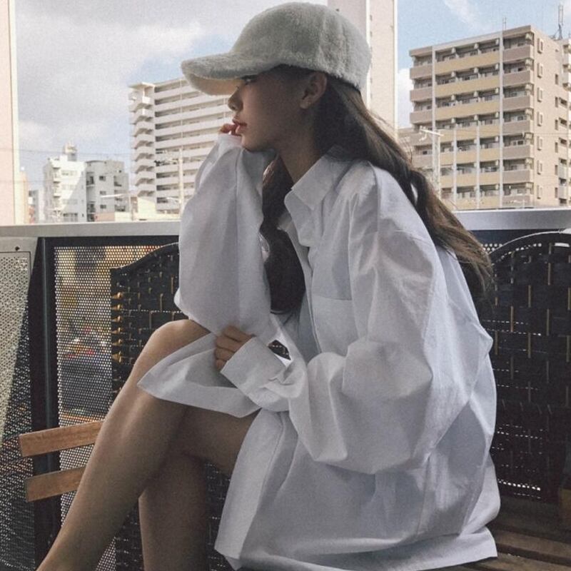 ホワイトシャツ スプリングスタイルルーズジャケット トップス ロング 春物 試着室48290515414