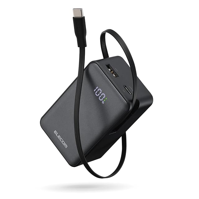 エレコム モバイルバッテリー 35W 10000mAh リール式 PD対応 残量表示 