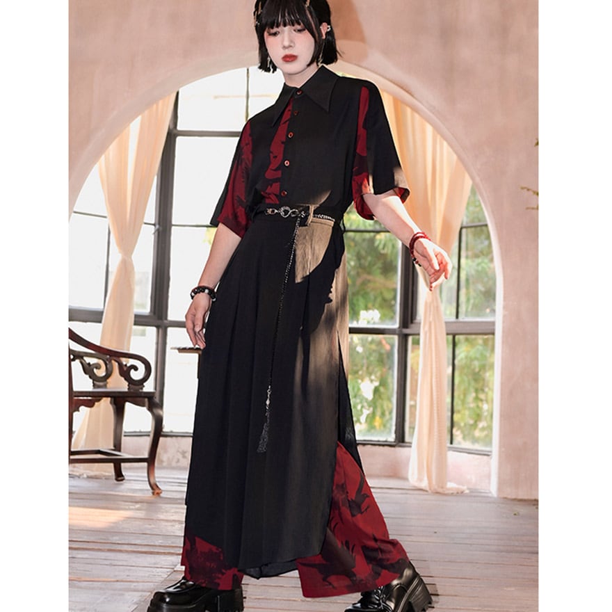 チャイナ風 中華服 古怪舎 ダブルレイヤー プリント シフォン ワイドレッグパンツ 鴉 ダーククロウ プリント柄 中華系ファッション 30代コーデ