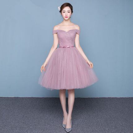 くすみピンク オフショルダーチュールパーティードレス 結婚式 | BIANKA