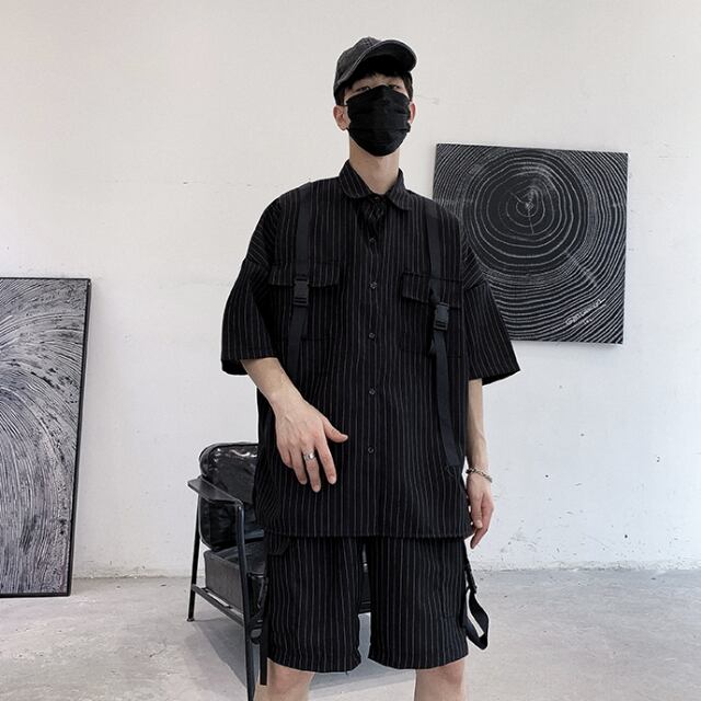 予約販売】メンズ セットアップ 上下 ストライプ柄 半袖シャツ ハーフ