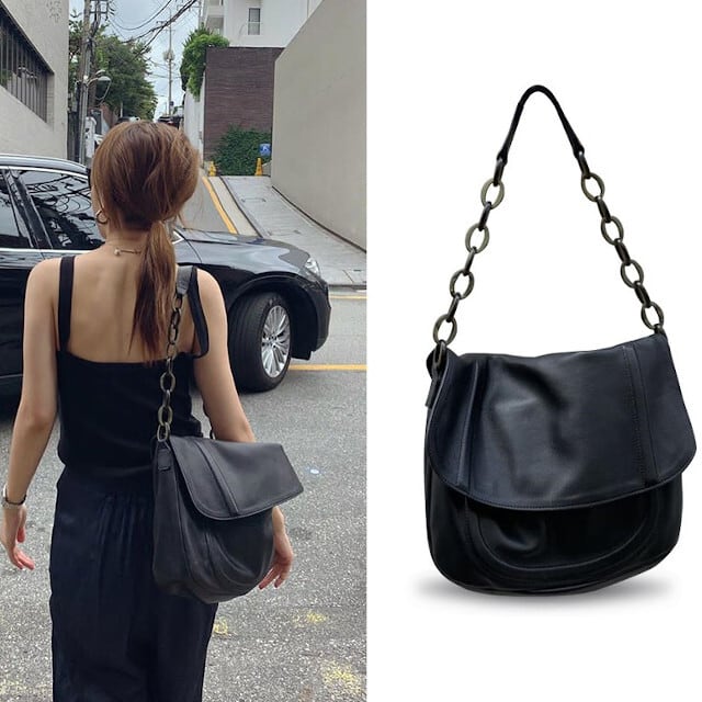 レディース ショルダーバッグ チェーン レザー 大きめ 大容量 メッセンジャーバッグ ブラック フェイクレザー