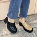 ローファー レディース 靴 シューズ サボ 厚底 PU シンプル 無地 履きやすい 歩きやすい 太ヒール カジュアル お出かけ おしゃれ ラウンドトゥ 黒 ブラック カーキ 美脚 ローファー サボ