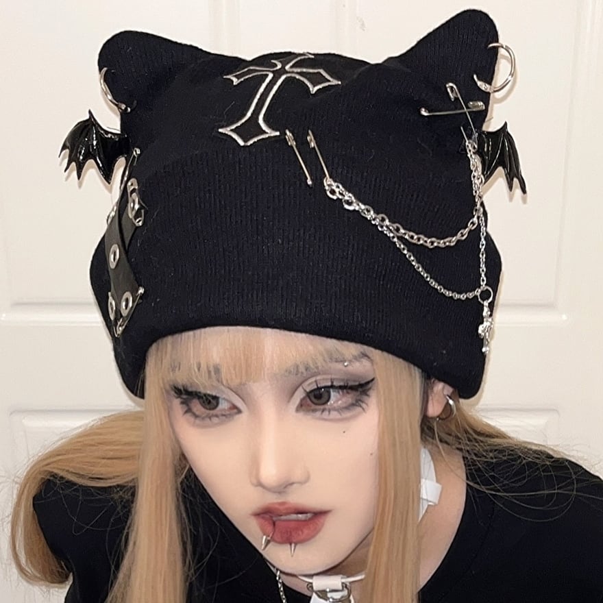 即納 サブカル系 猫耳 パンク ニット帽 ユニセックス 闇かわいい｜天使