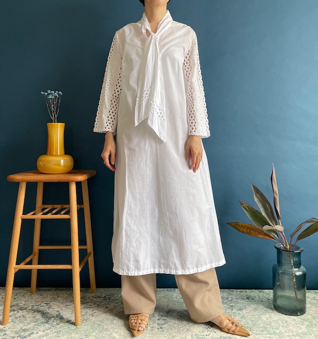 【送料無料】70's Vintage White Cotton Maxi Dress