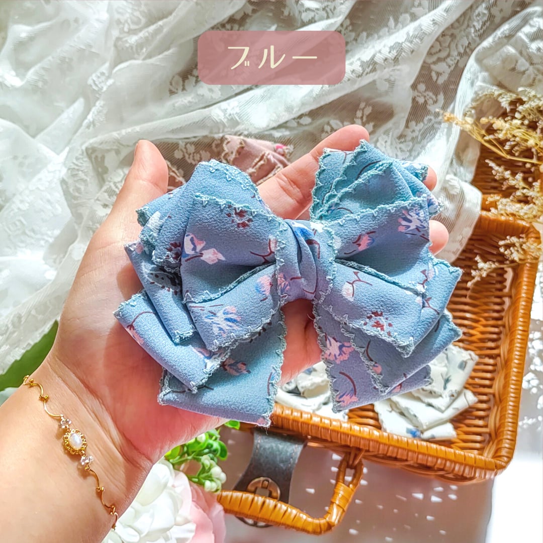 リボン　ヘアゴム♡カノンリボン～long～♡ブルー♡ハンドメイド ネット販売済み リボン ヘアゴム♡カノンリボン～long～♡花柄ブルー