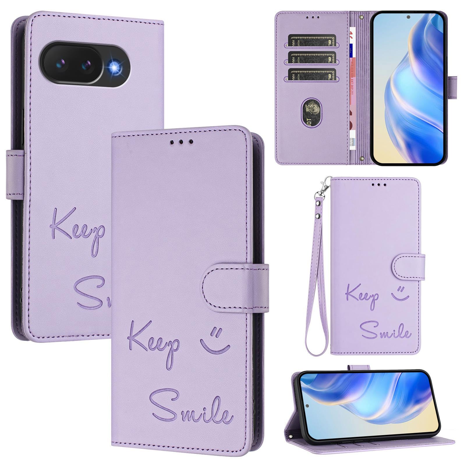 YUYIB スマホケース 対応 Google Pixel 10a ケース 手帳型 ショルダー カード収納 スタンド機能 高級なPUレザー&ソフトTPU 笑顔 かわいい 薄型 傷防止背面 滑り止め 耐衝撃 純正 ストラップホール付き グルピクセル10a 携帯手帳カバー (パープル, Google Pixel 10a)