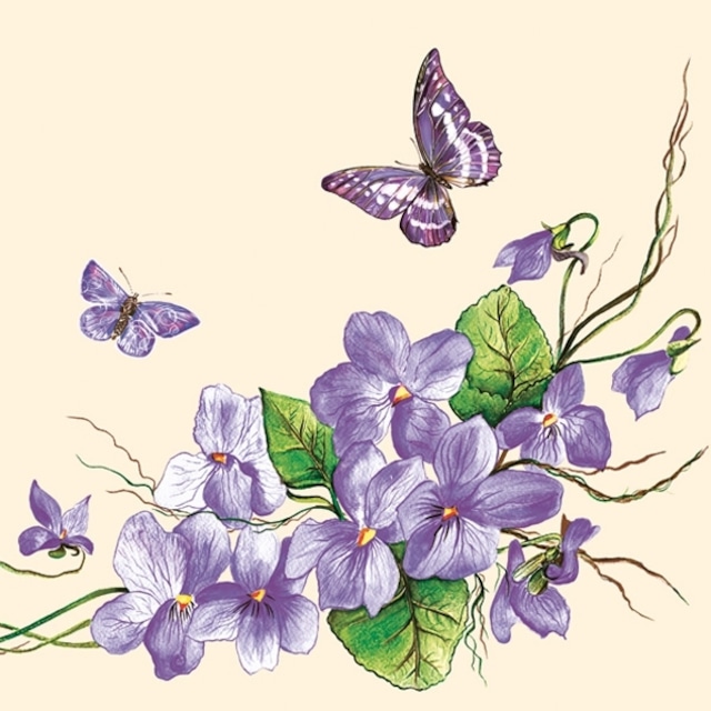 【Daisy】バラ売り2枚 ランチサイズ ペーパーナプキン Violet Flowers クリーム