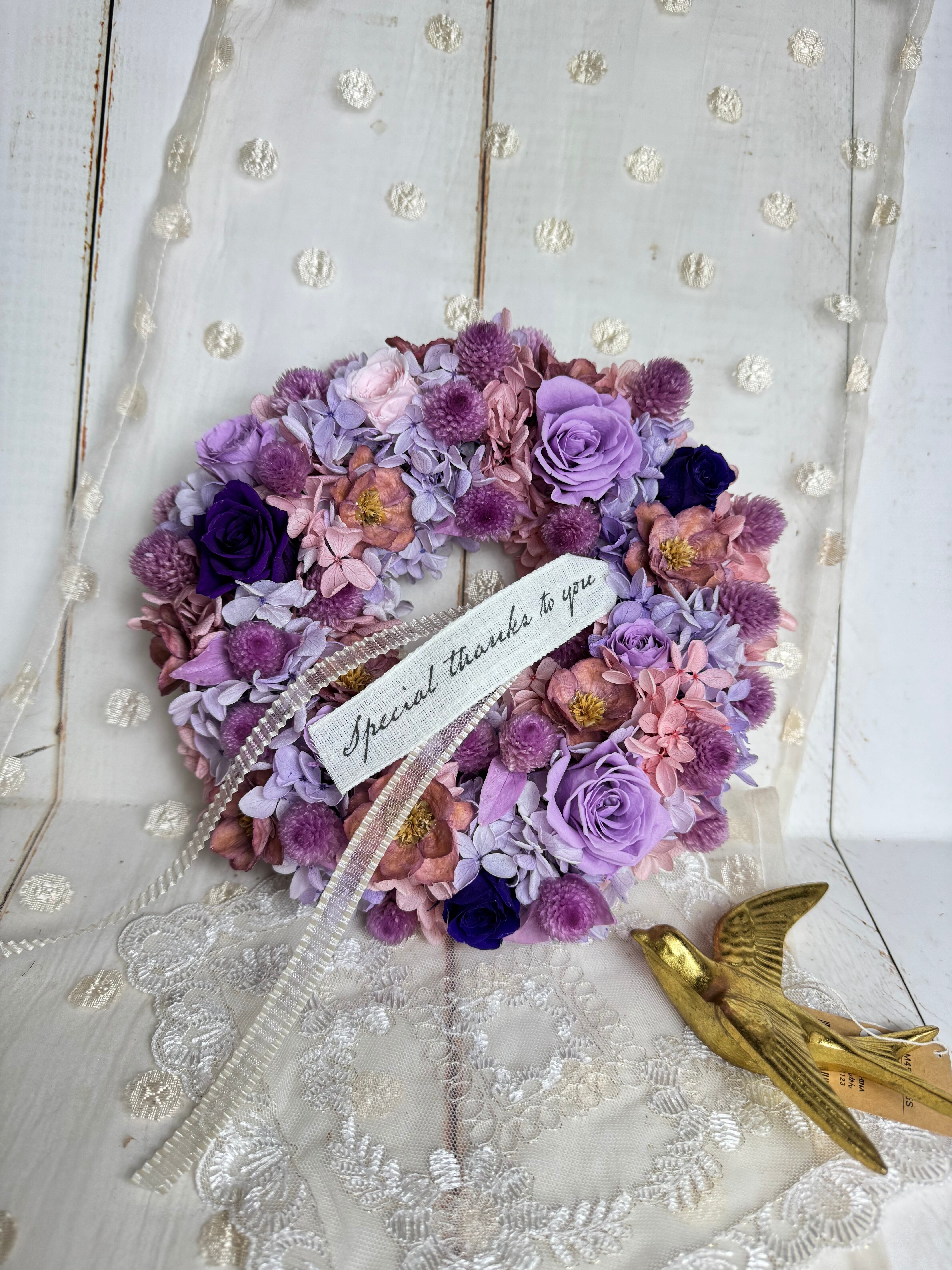 プリザーブドフラワーリース リラの花咲く季節に寄せて 直径約20センチ