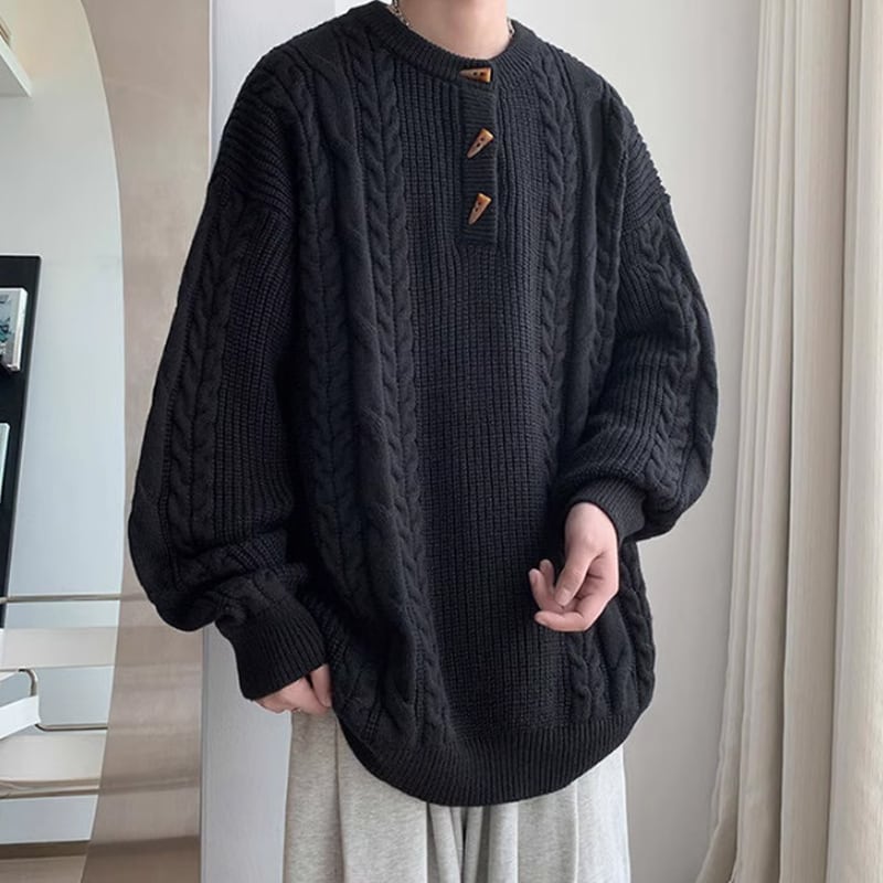 全3色ケーブル編みトグルボタン付きニットセーター | mblueshop