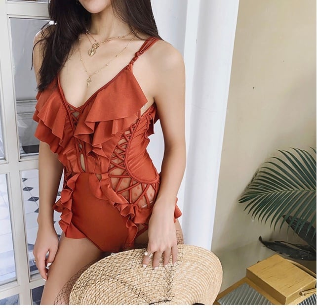 フリル レースアップ ワンピース水着 テラコッタ | REGINA SWIMWEAR