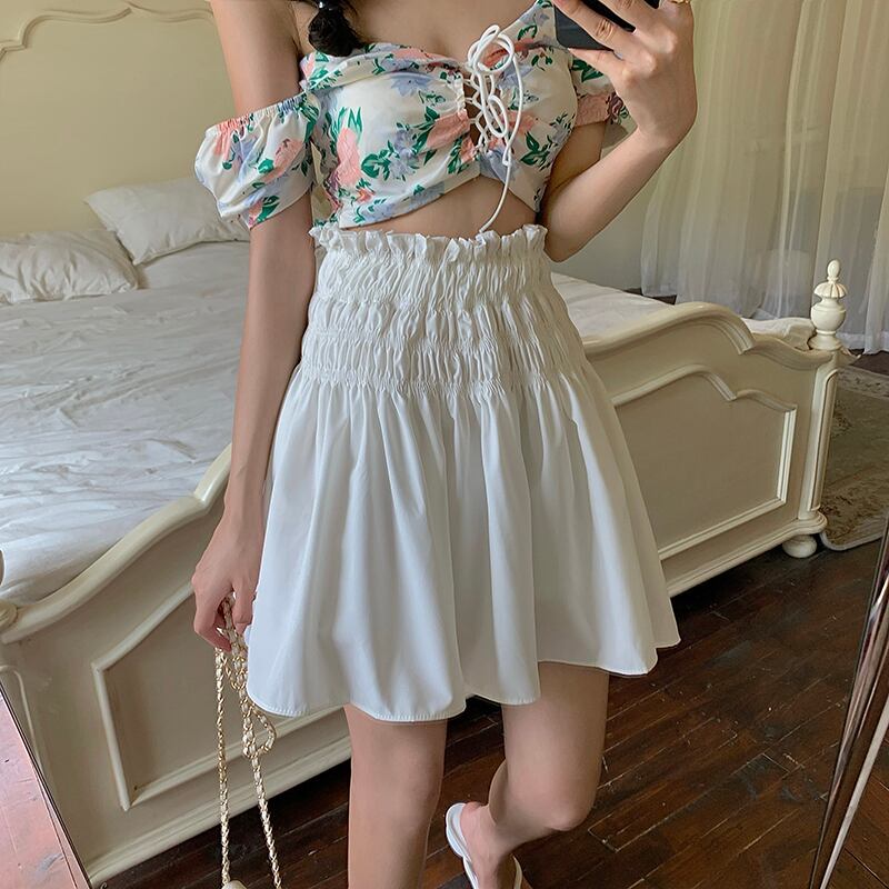 プリーツスカート サマーショートハイウェストウェスト薄手Aライン 大人ガーリー スウィート キュート カジュアル 夏物 ブラックストロベリース2322539755