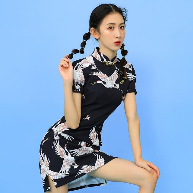 チャイナドレス 半袖 チャイナボタン 鶴柄 チャイナ風ワンピース 可愛い 民族服 チャイナ風服 ブラック 着心地抜群 Beautycam チャイナドレス 半袖 チャイナボタン 鶴柄 チャイナ風ワンピース 可愛い 民族服 チャイナ風服 ブラック 着心地抜群 Beautycam