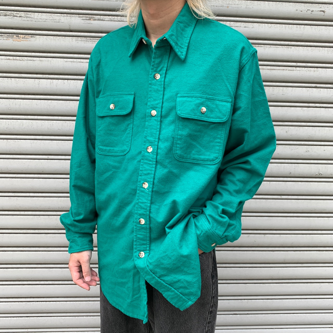 90s USA製 セントジョンズベイ シャモアクロスシャツ グリーン L
