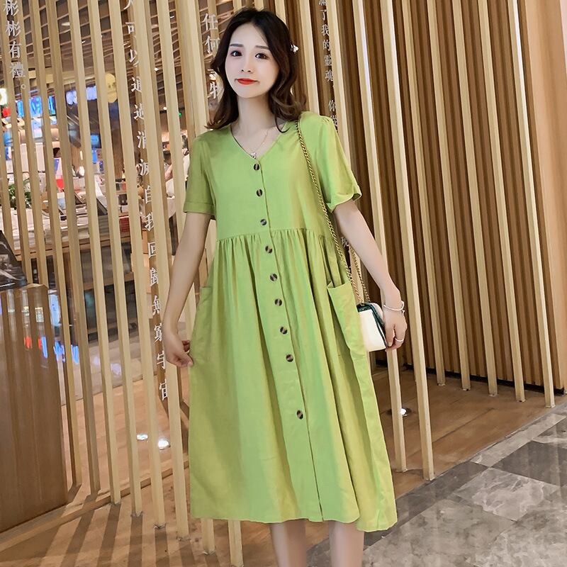 【新作】【送料無料】 マタニティウェア2020夏の新しい綿とリネンのVネックルーズドレススタイルミドル丈のファッショナブルなマタニティドレス-アリババ コットン サマー 夏物 expec287708518237