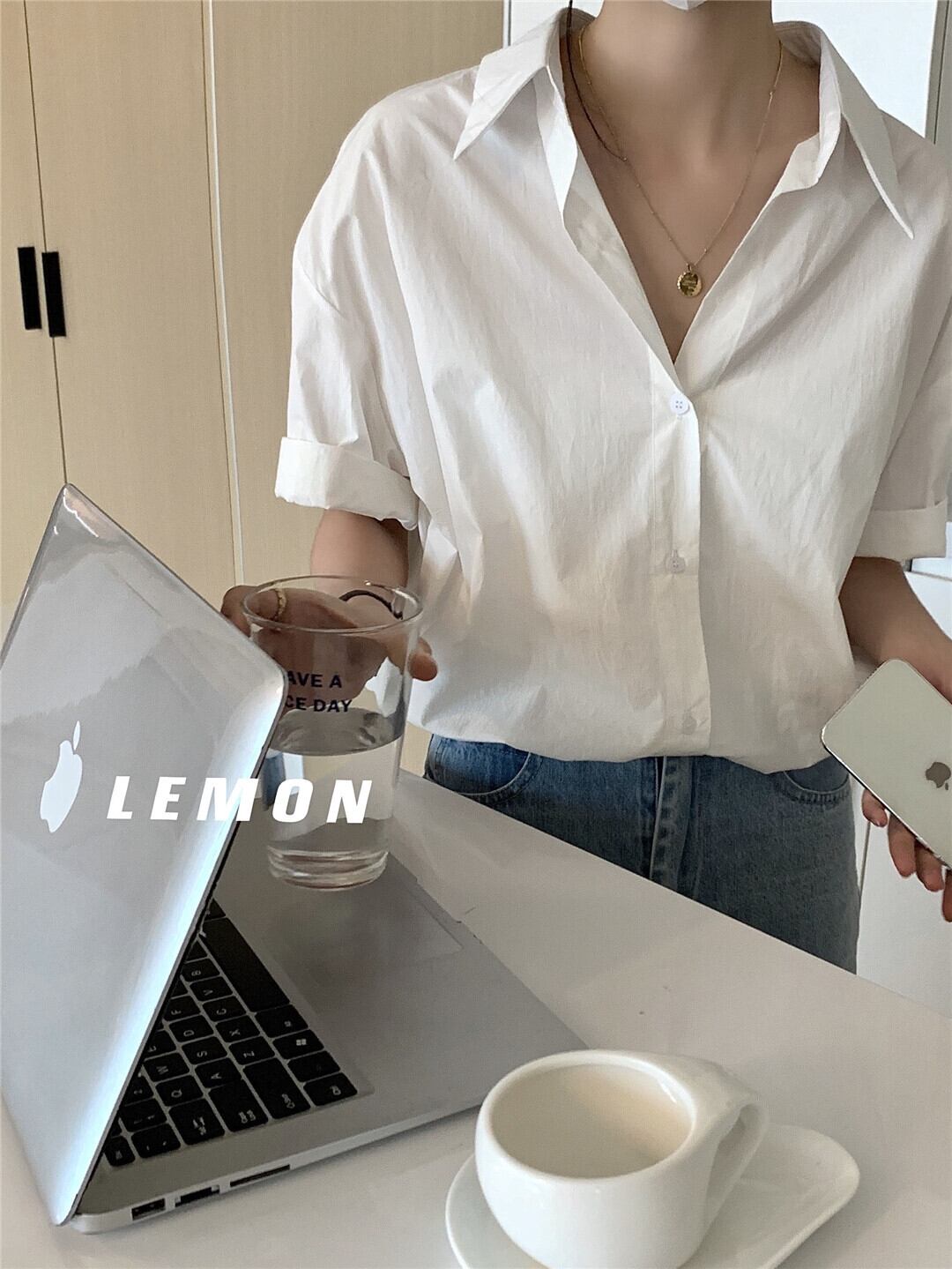 カラーソリッド シャツ サマー薄手ホワイト 夏物 ソリッドカラー ビッグFスモールZ韓国18558348033